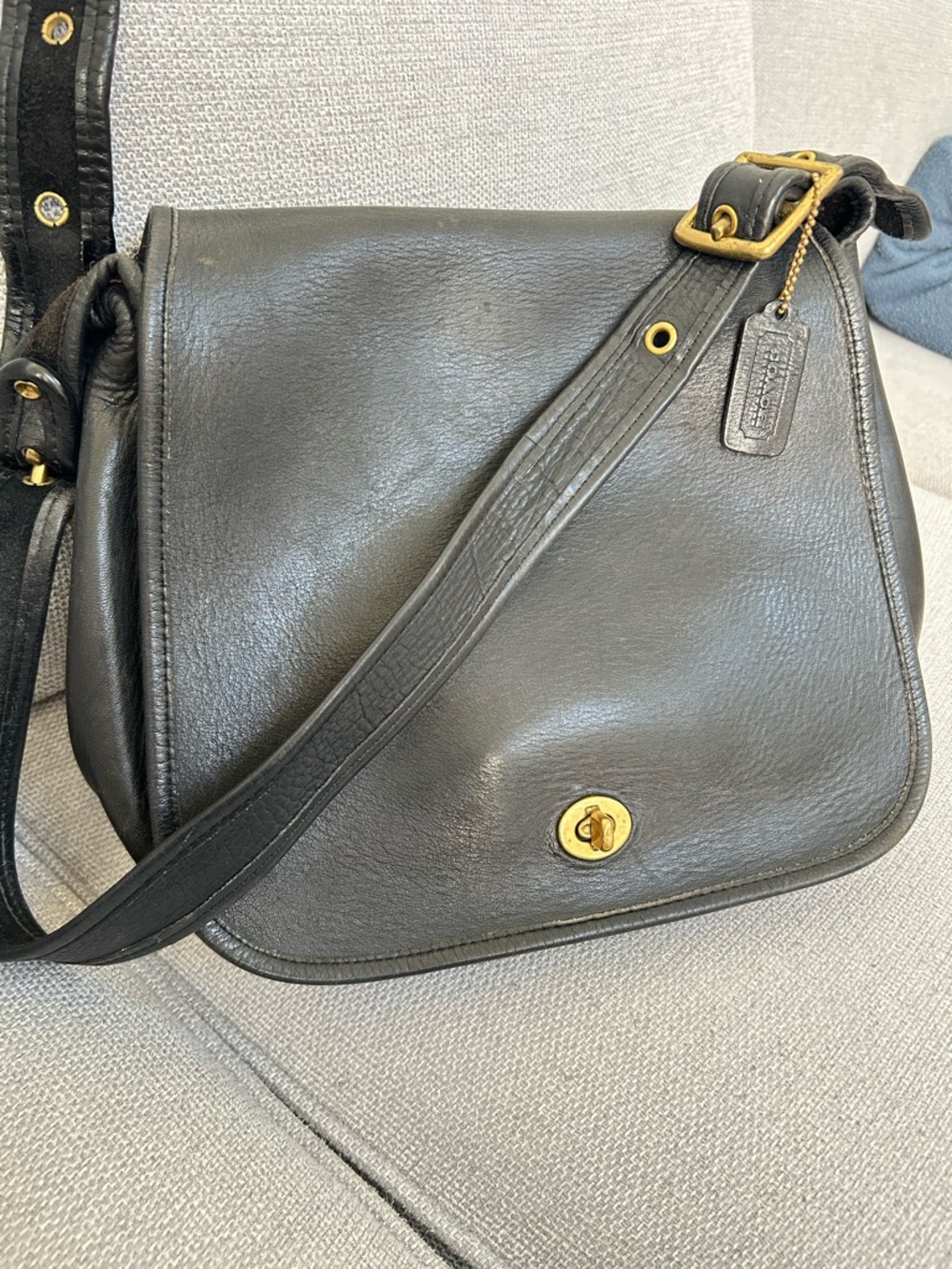 Vintage Coach Black Leather Crossbody Saddle Bag with Gold Hardware